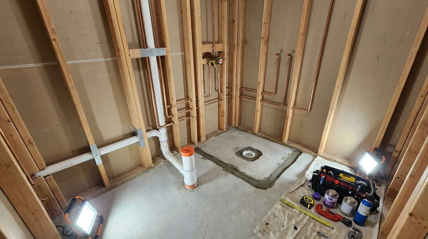 Bathroom rough-in plumbing during remodel by Johns Plumbing LLC in Itta Bena