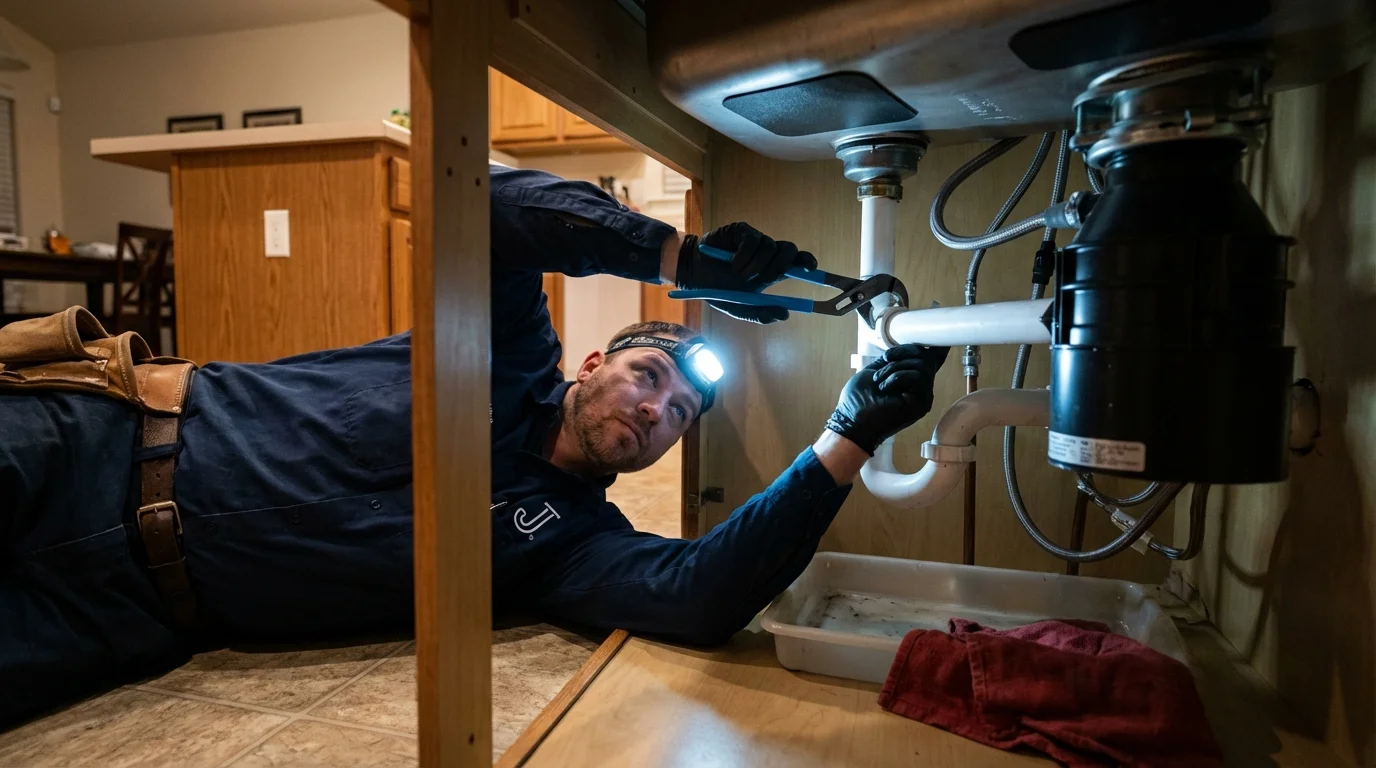 P-trap and supply line connections under a kitchen sink showing a common leak point in Itta Bena, MS